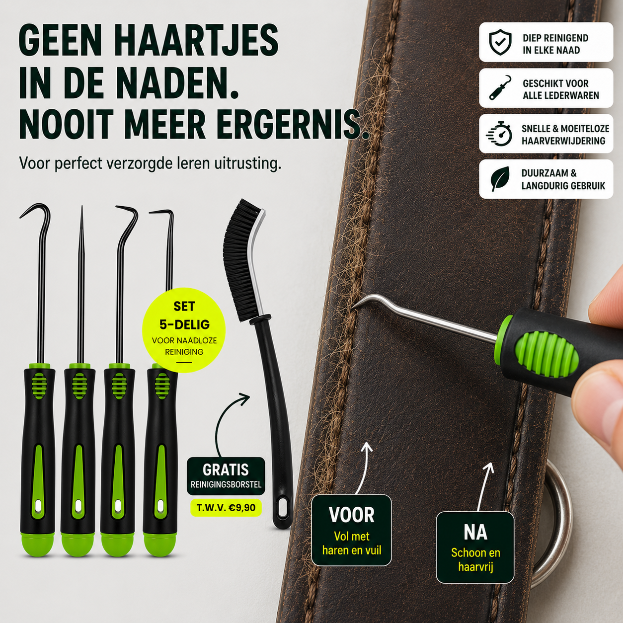 Verwijder moeiteloos los paardenhaar, stof en vuil uit de naden van singels, hoofdstellen en ander leren tuig. Snel, veilig en zonder het leer te beschadigen.