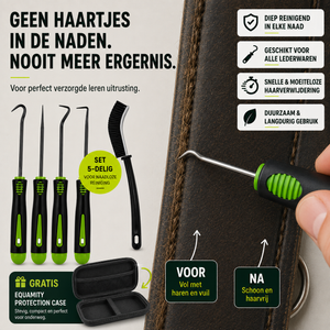 Verwijder moeiteloos los paardenhaar, stof en vuil uit de naden van singels, hoofdstellen en ander leren tuig. Snel, veilig en zonder het leer te beschadigen.